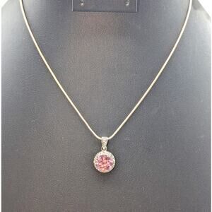 925 Sterling Silver Pink & White CZ Pendant Snake 16" Chain Necklace
